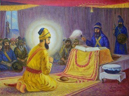 Guru Gobind Singh bowing to Guru Granth