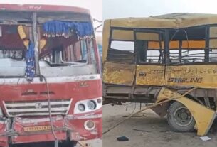 Terrible collision between school van and bus