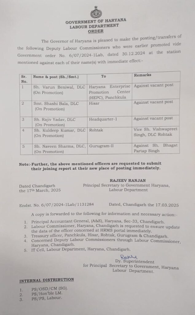 हरियाणा सरकार ने श्रम विभाग में किए बड़े प्रशासनिक फेरबदल, 5 उप श्रमायुक्तों के तबादले के आदेश जारी 2 trans