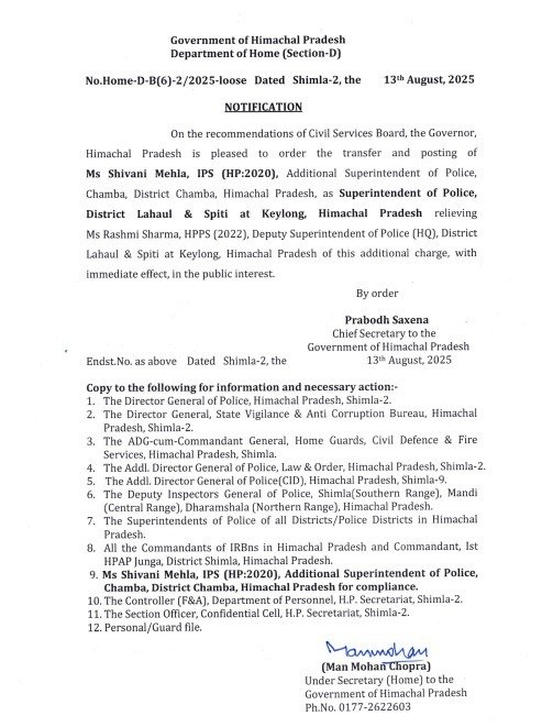 हरियाणा की IPS शिवानी संभालेगी देश के दुर्गम इलाकों में शुमार लाहौल- स्पीति का ला एंड आर्डर, एसपी नियुक्त 2 WhatsApp Image 2025 08 13 at 17.07.50 1